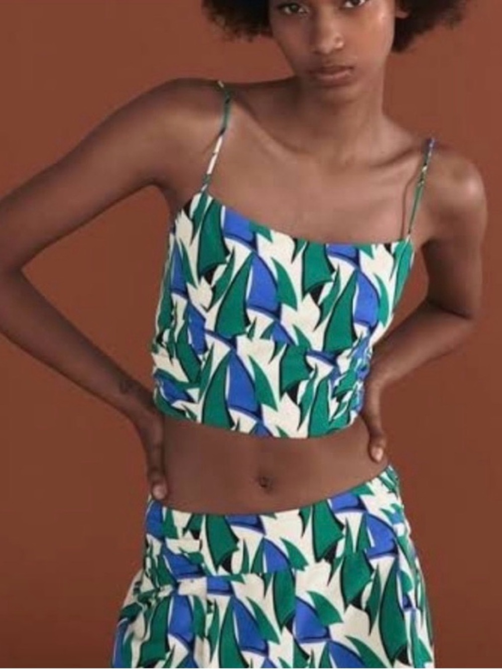 ZARA Linen Blend Blue & Green Abstract Leaf Spaghetti Strap Crop Top Size Small